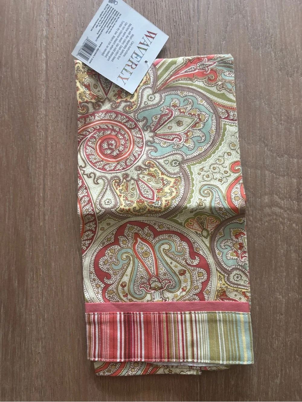 Waverly Paisley Stripe Kitchen Towel in Coral, Sage & Gold